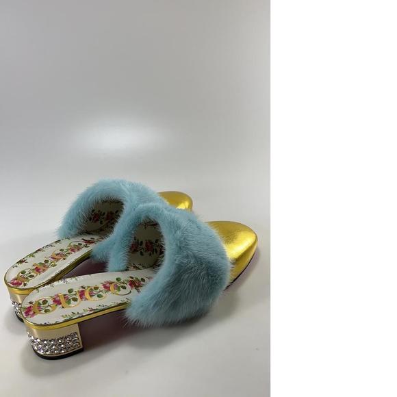 Gucci 41 Gold Metallic Aqua Mink Fur Crystal Heel Mules Slides D888 - Picture 5 of 12